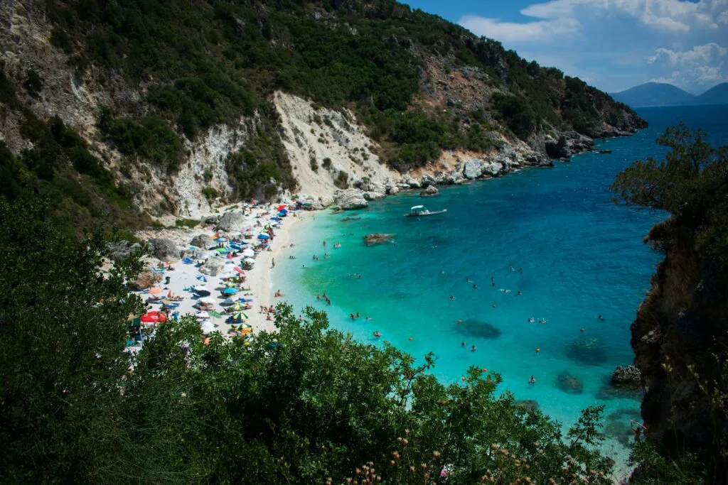 Agiofili Beach and turquoise water in southern Lefkada