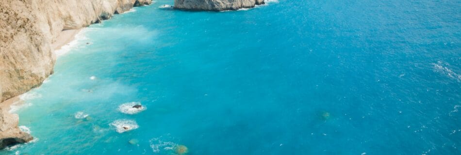 Aerial view of the cliffs and turquoise sea near Porto Katsiki in Lefkada