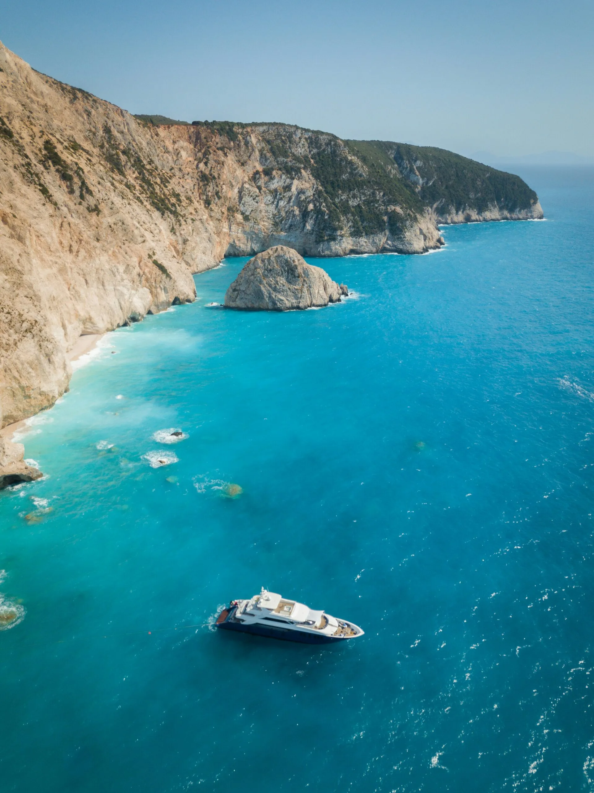 Aerial view of the cliffs and turquoise sea near Porto Katsiki in Lefkada