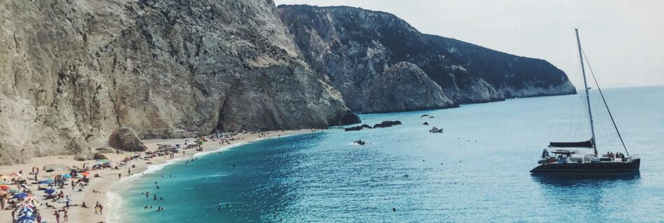 Summer beach scene with umbrellas at Porto Katsiki Beach in Lefkada