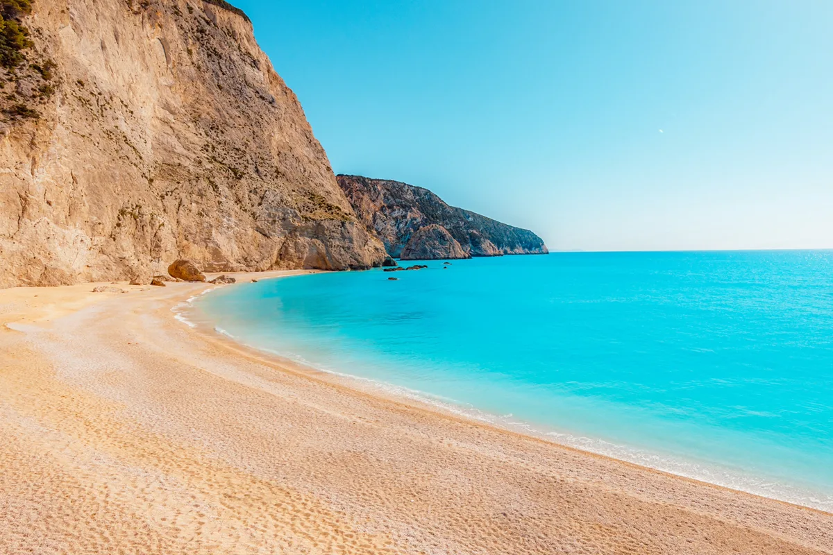 Golden sunset light over Porto Katsiki Beach in Lefkada