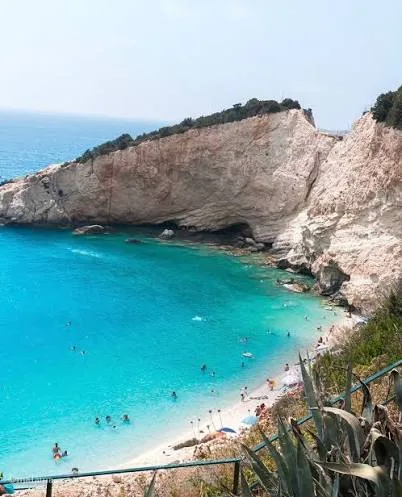 Wide view of Porto Katsiki Beach with white cliffs and clear sea