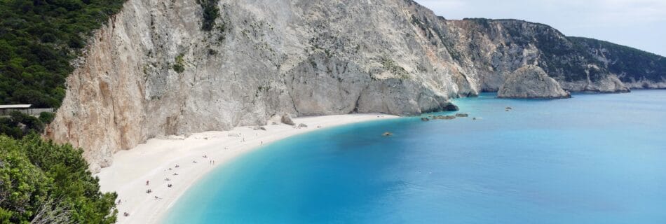 Panoramic view of Porto Katsiki Beach and turquoise water in Lefkada