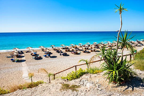 Family-friendly beach umbrellas and sunbeds on Lefkada island